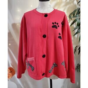 Vtg Tracey Designs Button Dog Cardigan Sweatshirt Size L Pockets Artsy Red Paws